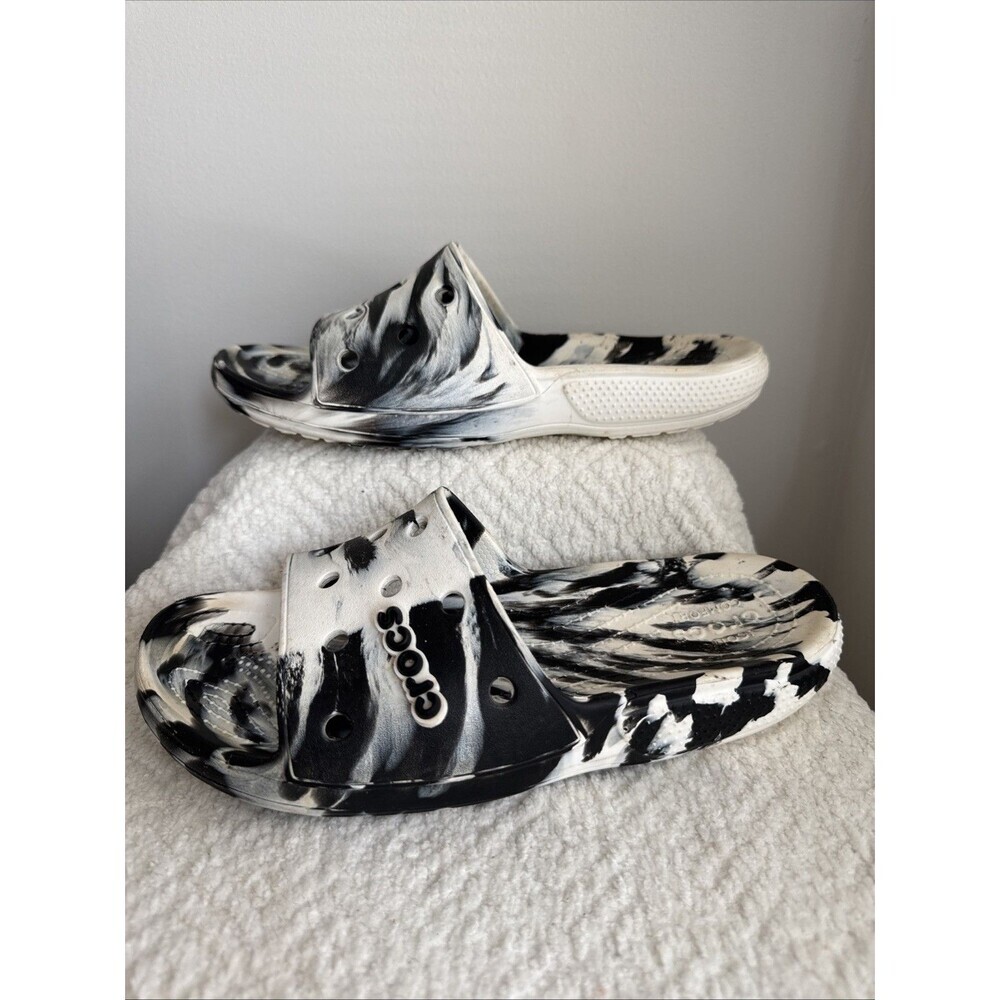 Crocs Classic Marbled Slide Sandals Clog Tie Dye White Black Sz 11 Women's - Picture 2 of 6